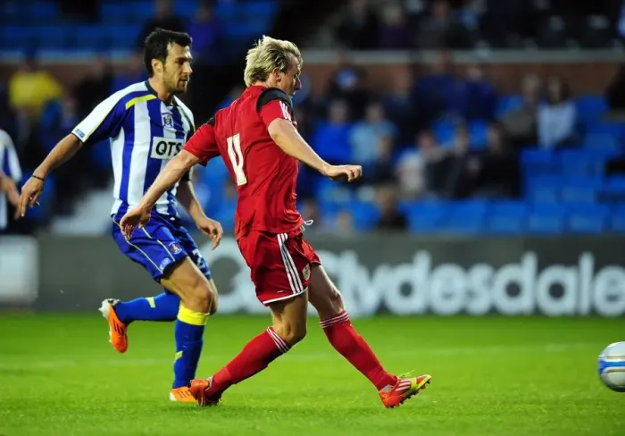 Framed Print : Martyn Woolford Scores for Bristol City at Rugby Park, 2012