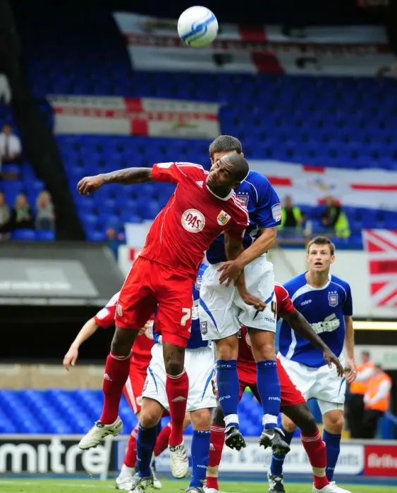 Framed Print : Marvin Elliott Battles for Aerial Ball in Ipswich vs. Bristol City Championship Clash, 2010 Framed Print : Marvin Elliott Battles for Aerial Ball in Ipswich vs. Bristol City Championship Clash, 2010