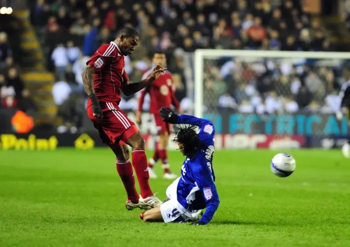 Framed Print : Marvin Elliott Foul by Patrick van Aanholt: Leicester City vs. Bristol City Championship Clash (18 / 02 / 2011)
