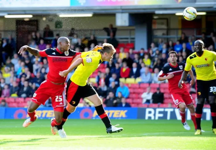 Framed Print : Marvin Elliott Heads in the Goal: Watford vs. Bristol City Championship Clash, September 2012