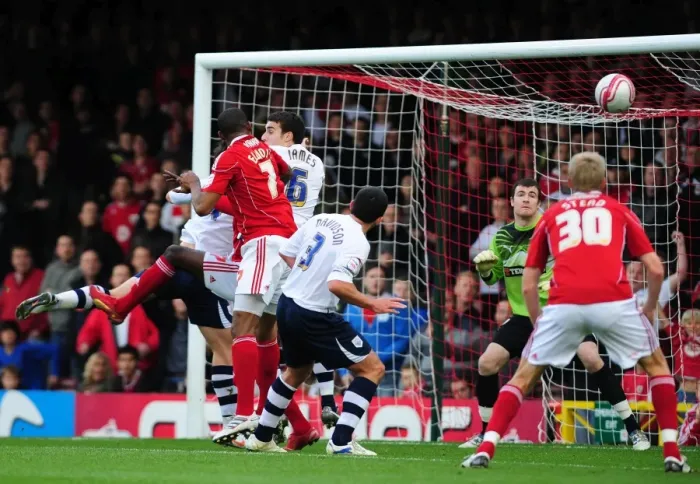 Framed Print : Marvin Elliott's Close Call: Bristol City vs. Preston North End, Championship Match, November 2010