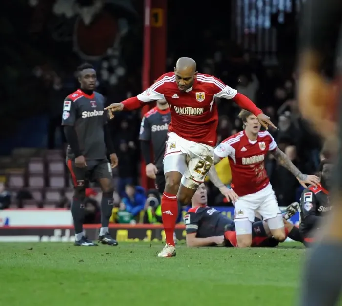 Framed Print : Marvin Elliott's Goal Celebration: Bristol City vs. Carlisle United, February 1, 2014 (Sky Bet League One)