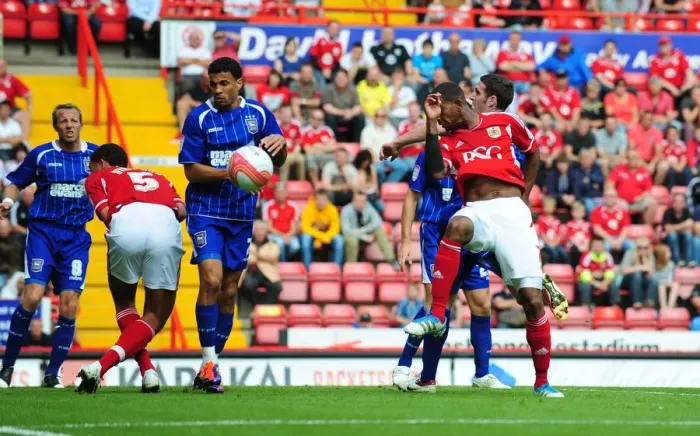 Framed Print : Marvin Elliott's Headered Goal Attempt Goes Over the Bar - Bristol City vs Ipswich Town, Championship 2011