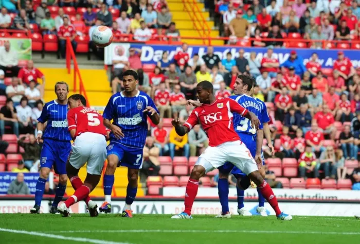 Framed Print : Marvin Elliott's Headers Misses the Mark: A Close Call for Bristol City Against Ipswich Town in the Championship (2011)