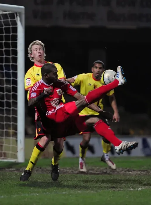Framed Print : Marvin Elliott's Overhead Kick Attempt vs. Watford, 2011 - Championship Football Match Framed Print : Marvin Elliott's Overhead Kick Attempt vs. Watford, 2011 - Championship Football Match
