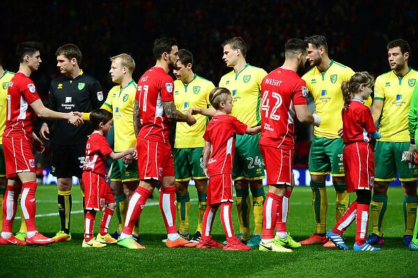 Mascots of Bristol City and Norwich City Football Clubs Shake Hands at Ashton Gate, Sky Bet Championship (07.03.17)