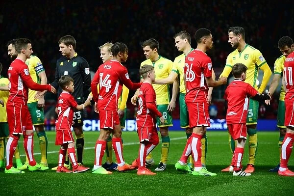 Mascots of Bristol City and Norwich City Football Clubs Share a Moment at Ashton Gate - Sky Bet Championship (07.03.17)