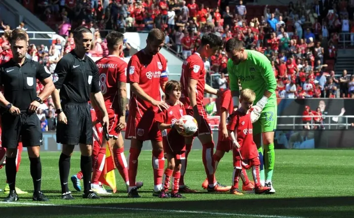 Framed Print : Mascots and Players of Bristol City and Wigan Athletic before Sky Bet Championship Match at Ashton Gate