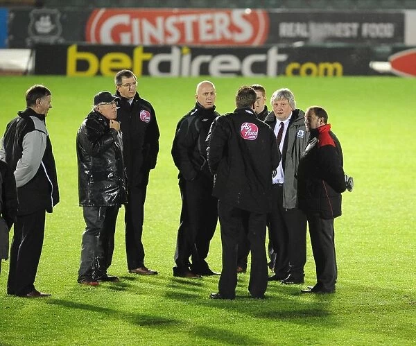 Match Officials and Managers Conducting Pitch Inspection: Plymouth Argyle vs. Bristol City