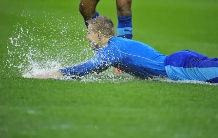 Framed Print : Matej Vydra Slides on Flooded Ashton Gate: Championship Match Between Bristol City and Watford Halted (December 2012)