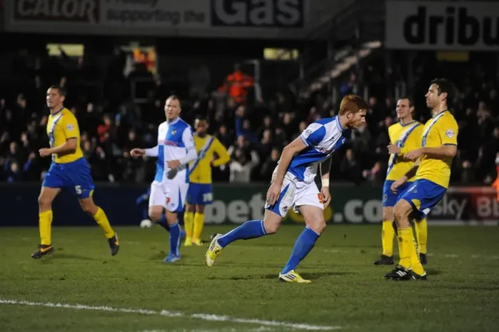 Framed Print : Matt Harrold's Goal Celebration: Bristol Rovers vs AFC Wimbledon, Sky Bet League Two, 2013 Framed Print : Matt Harrold's Goal Celebration: Bristol Rovers vs AFC Wimbledon, Sky Bet League Two, 2013