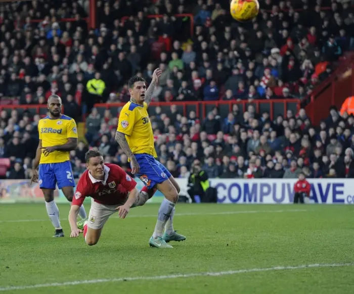 Framed Print : Matt Smith's Near-Miss: A Thrilling Headed Chance at Ashton Gate - Bristol City vs Crawley Town, League One Football Match, December 13, 2014