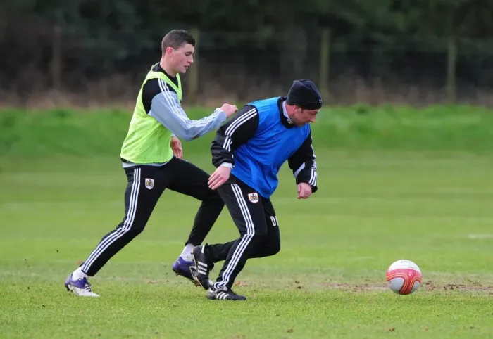 Framed Print : McInnes vs. Wilson: A Training Face-Off at Memorial Stadium - Derek McInnes Goes Head-to-Head with James Wilson during Bristol City FC Practice Framed Print : McInnes vs. Wilson: A Training Face-Off at Memorial Stadium - Derek McInnes Goes Head-to-Head with James Wilson during Bristol City FC Practice