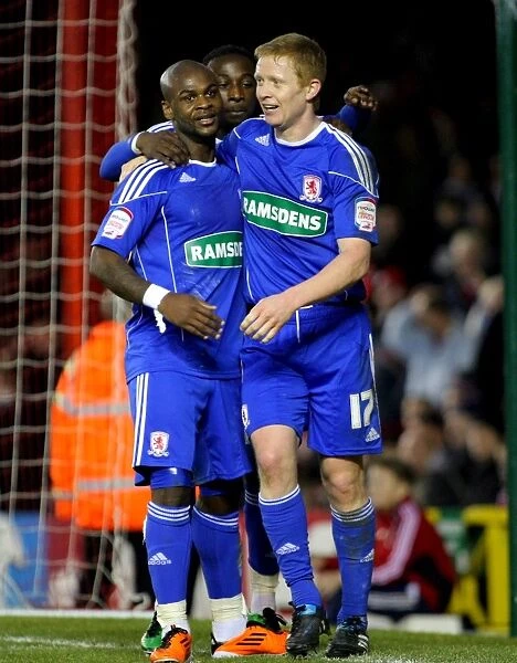 Middlesbrough's Barry Robson and Leroy Lita Celebrate Goal in Bristol City vs Middlesbrough Championship Match, 2011