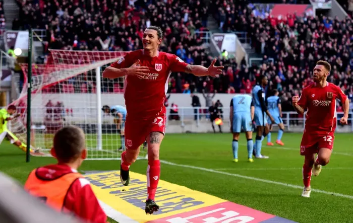 Framed Print : Milan Djuric's Epic Goal Celebration: A Thrilling Moment at Ashton Gate (Bristol City vs Rotherham United, Sky Bet Championship - February 4, 2017)