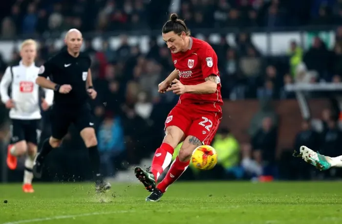 Framed Print : Milan Djuric's Shot at Goal: Derby County vs. Bristol City Championship Clash Framed Print : Milan Djuric's Shot at Goal: Derby County vs. Bristol City Championship Clash