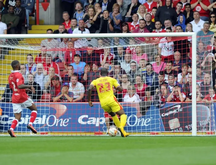 Framed Print : Milton Keynes Dons Benik Afobe Scores Open Goal Against Bristol City, 27 September 2014