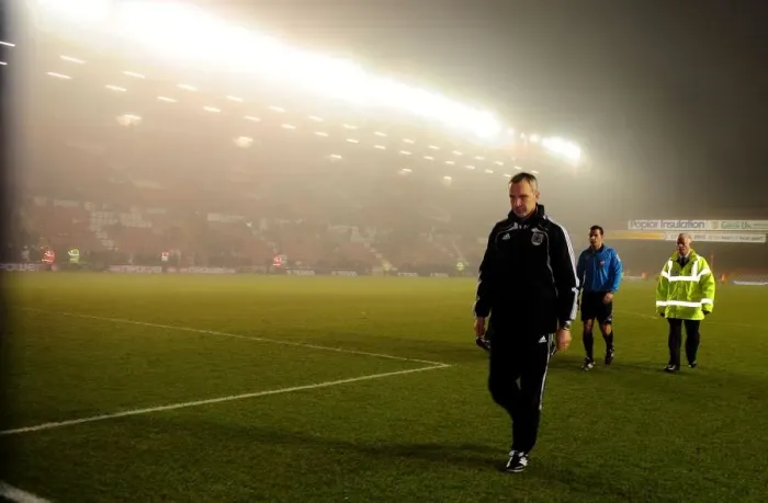 Framed Print : Misty Morning: Keith Milen Navigates Ashton Gate Amidst Bristol City vs Swansea City Championship Clash (01 / 02 / 2011) Framed Print : Misty Morning: Keith Milen Navigates Ashton Gate Amidst Bristol City vs Swansea City Championship Clash (01 / 02 / 2011)