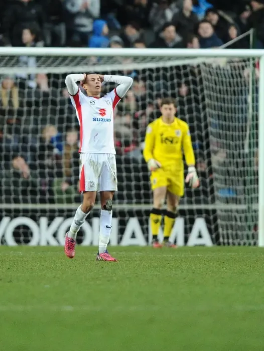 Framed Print : MK Dons Dele Alli Reacts to Missed Goal vs. Bristol City, Sky Bet League One (February 7, 2015)