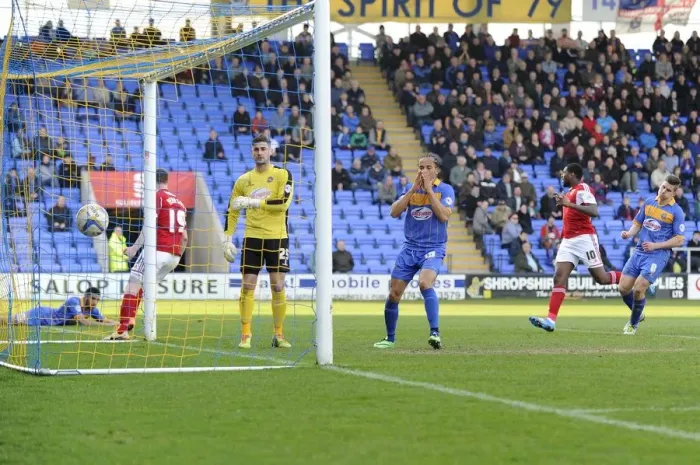 Framed Print : Mkandawire's Embarrassing Own Goal: Shrewsbury Town vs. Bristol City (08 / 03 / 2014)