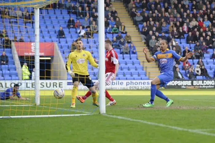 Framed Print : Mkandawire's Own Goal: Shrewsbury Town vs. Bristol City, March 8, 2014 Framed Print : Mkandawire's Own Goal: Shrewsbury Town vs. Bristol City, March 8, 2014