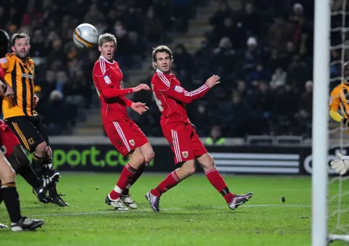 Framed Print : Moments Away: A Missed Connection - Stead and Pitman at the Brink of Glory with Rose's Cross (Bristol City vs. Hull City, Championship Football Match, 18 / 12 / 2010)