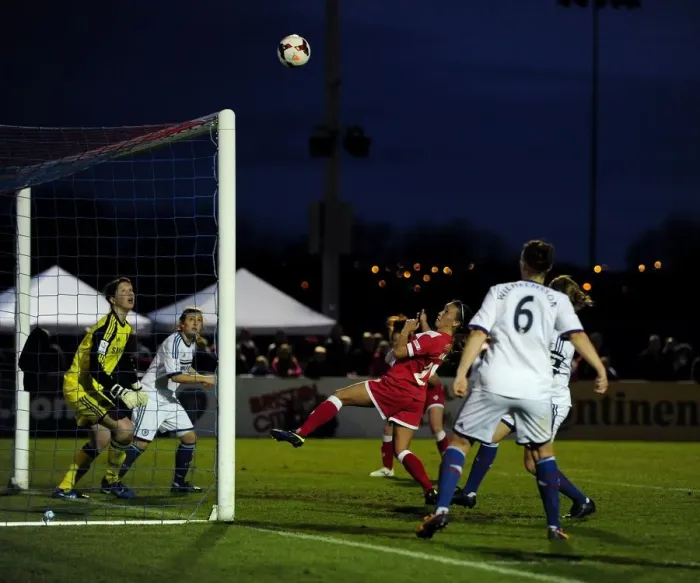 Framed Print : Natasha Harding of Bristol Academy Battles for Goal Against Chelsea Ladies Framed Print : Natasha Harding of Bristol Academy Battles for Goal Against Chelsea Ladies