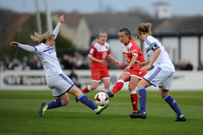 Framed Print : Natasha Harding of Bristol Academy Playing a Pressured Pass During Bristol Academy vs Chelsea Ladies FA Womens Super League Match
