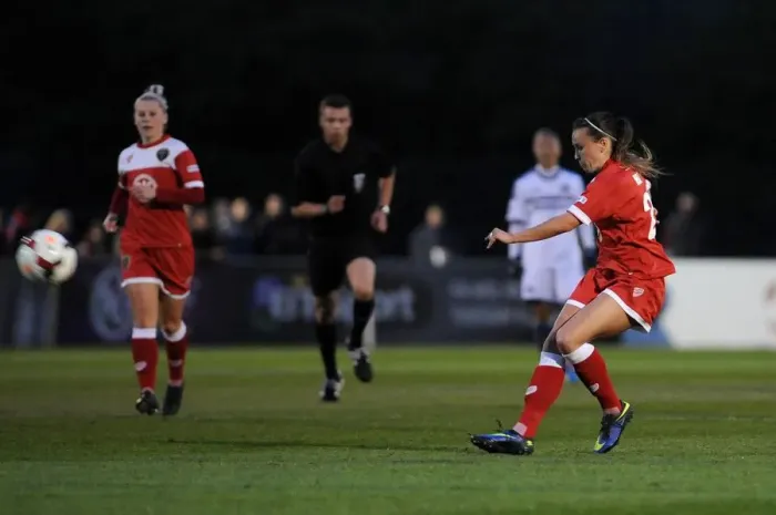 Framed Print : Natasha Harding's Shot for Goal: Bristol Academy vs. Chelsea Ladies Football Match, 2014