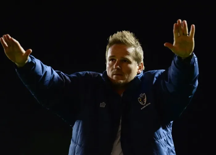 Framed Print : Neal Ardley Honors AFC Wimbledon Fans: A Heartfelt Moment at the Johnstone Paint Trophy Match between Bristol City and AFC Wimbledon