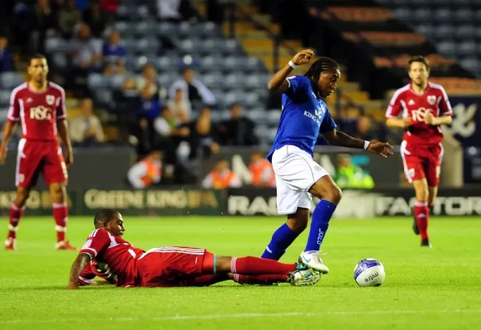 Framed Print : Neil Danns vs. Marvin Elliott: Championship Battle at King Power Stadium (Leicester City v Bristol City, 06 / 08 / 2011)