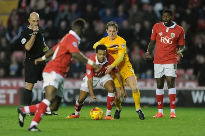 Framed Print : Neil Kilkenny Stops Korey Smith's Quick Free Kick: Bristol City vs Preston North End Framed Print : Neil Kilkenny Stops Korey Smith's Quick Free Kick: Bristol City vs Preston North End