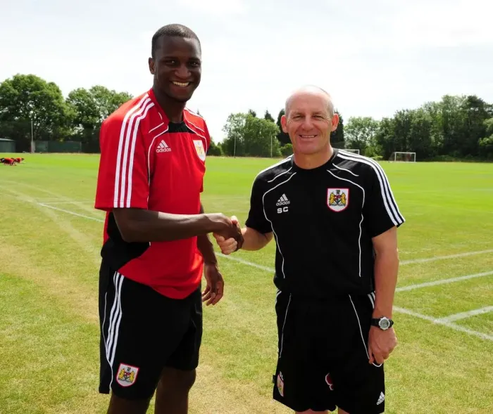 Framed Print : New Signing Kalifa Cisse Meets Manager Steve Coppell at Bristol City's Pre-Season Training Framed Print : New Signing Kalifa Cisse Meets Manager Steve Coppell at Bristol City's Pre-Season Training