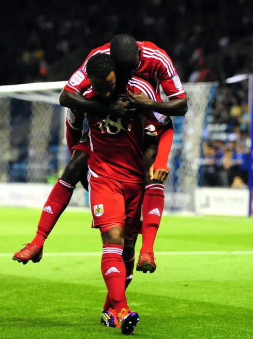 Framed Print : Nicky Maynard and Albert Adomah: Celebrating the Championship Winning Goal for Bristol City against Leicester City (11.08.2011) Framed Print : Nicky Maynard and Albert Adomah: Celebrating the Championship Winning Goal for Bristol City against Leicester City (11.08.2011)