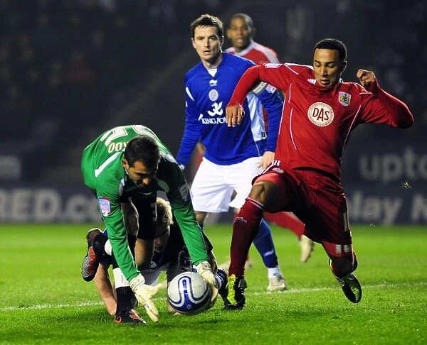 Nicky Maynard Steals the Ball from Ricardo in Thrilling Championship Clash: Leicester City vs. Bristol City (18 / 02 / 2011)