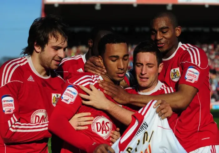 Framed Print : Nicky Maynard's Double: Celebrating with Team Mates after Scoring the Second Goal for Bristol City against Burnley (Championship 2011) Framed Print : Nicky Maynard's Double: Celebrating with Team Mates after Scoring the Second Goal for Bristol City against Burnley (Championship 2011)
