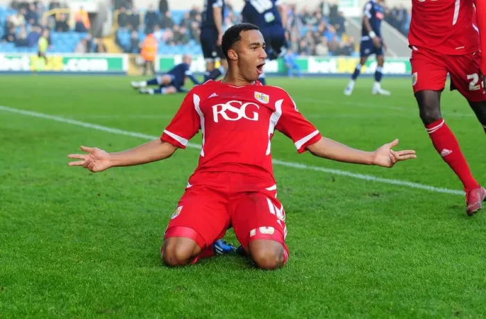 Framed Print : Nicky Maynard's Euphoric Goal Celebration: Millwall vs. Bristol City Championship Match, 2011