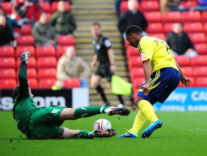 Framed Print : Nicky Maynard's Near Miss: Barnsley vs. Bristol City, Championship 2011