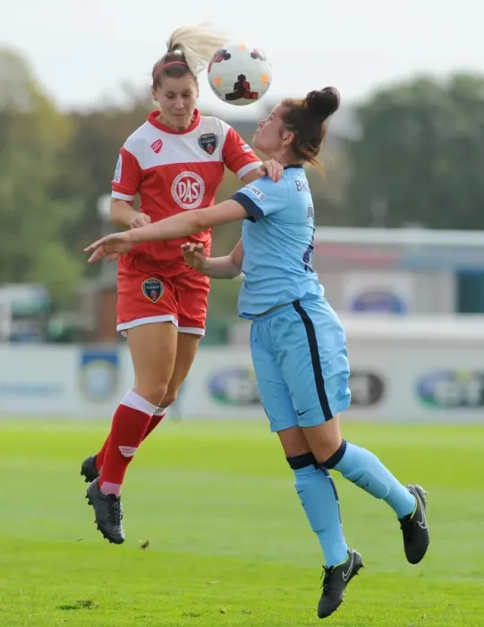 Framed Print : Nicola Watts Battles in Mid-Air: A Moment of Determination in Bristol City FC vs Manchester City Ladies Football Match Framed Print : Nicola Watts Battles in Mid-Air: A Moment of Determination in Bristol City FC vs Manchester City Ladies Football Match