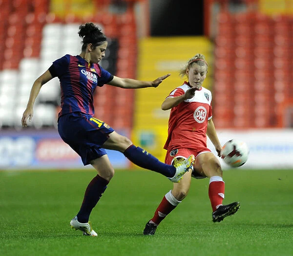 Nikki Watts of Bristol City FC Closes Down Ball Against FC Barcelona in Women's Champions League