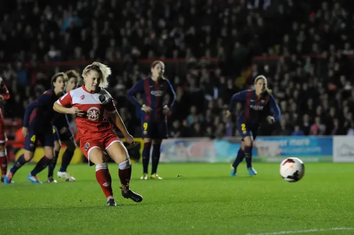 Framed Print : Nikki Watts Scores Penalty for Bristol Academy Women Against FC Barcelona, Champions League (13 / 11 / 2014) Framed Print : Nikki Watts Scores Penalty for Bristol Academy Women Against FC Barcelona, Champions League (13 / 11 / 2014)