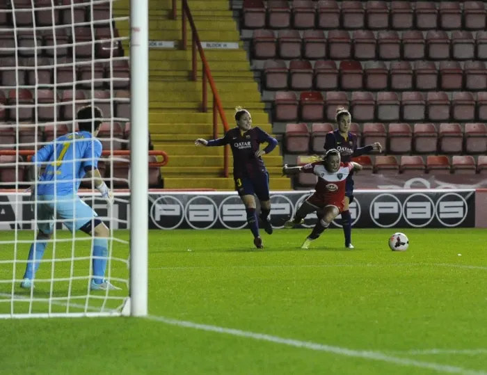 Framed Print : Nikki Watts Scores Penalty for Bristol City FC Against FC Barcelona after Harding Foul Framed Print : Nikki Watts Scores Penalty for Bristol City FC Against FC Barcelona after Harding Foul