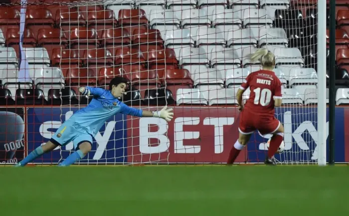 Framed Print : Nikki Watts Scores Penalty Past FC Barcelona's Keeper in UEFA Women's Champions League: Bristol Academy vs FC Barcelona Framed Print : Nikki Watts Scores Penalty Past FC Barcelona's Keeper in UEFA Women's Champions League: Bristol Academy vs FC Barcelona