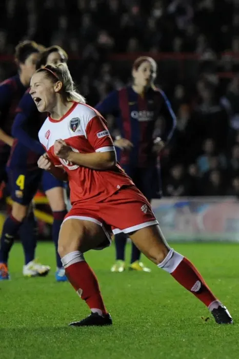 Framed Print : Nikki Watts Scores Stunning Goal for Bristol Academy Women Against FC Barcelona