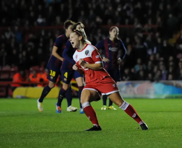 Framed Print : Nikki Watts Scores Thrilling Goal for Bristol Academy Women's FC against FC Barcelona at Ashton Gate
