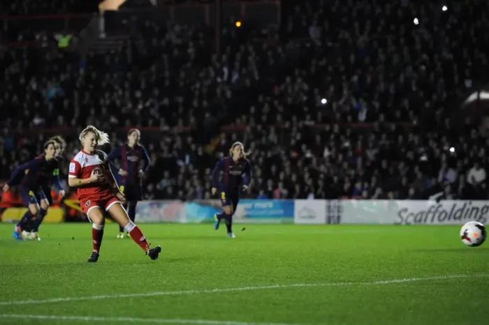 Framed Print : Nikki Watts Scores Thrilling Goal for Bristol City Women Against FC Barcelona at Ashton Gate