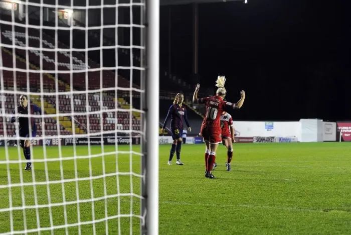 Framed Print : Nikki Watts Triumphant Moment: Bristol Academy Women's FC vs. FC Barcelona in Champions League Action