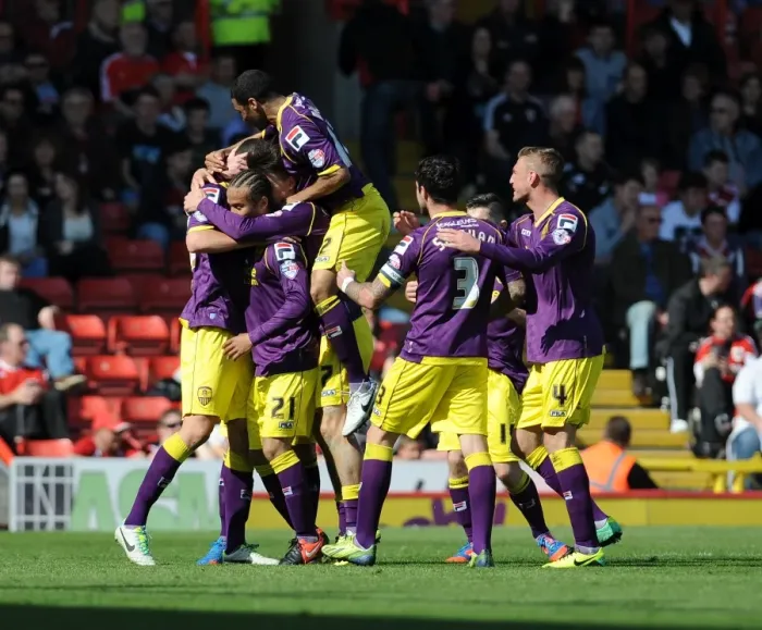 Framed Print : Notts County's Haydn Hollis and Team Mates Celebrate Goal Against Bristol City (April 2014) Framed Print : Notts County's Haydn Hollis and Team Mates Celebrate Goal Against Bristol City (April 2014)