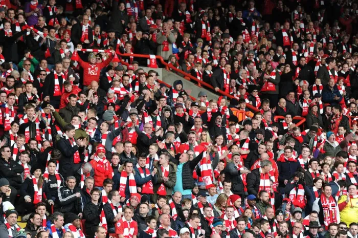 Framed Print : Passionate Fans of Bristol City at Ashton Gate during FA Cup Fourth Round Match against West Ham United, 2015