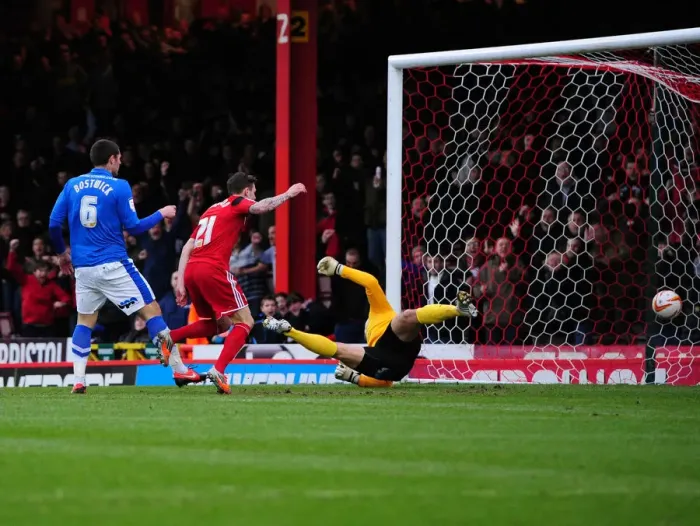 Framed Print : Paul Anderson Scores the Opener for Bristol City Against Peterborough United - Championship Football Match, December 2012 Framed Print : Paul Anderson Scores the Opener for Bristol City Against Peterborough United - Championship Football Match, December 2012